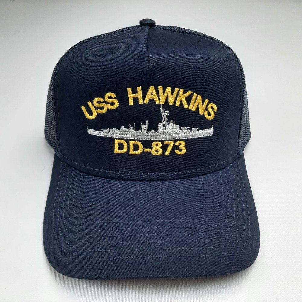 USS Hawkins DD-873 Embroidered Mesh Snapback Cap Hat Navy Blue
